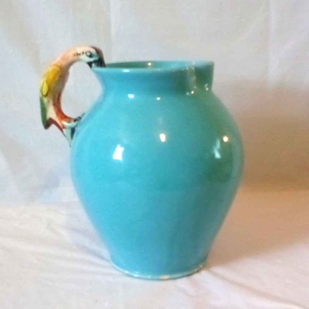 Italian pottery vase or pitcher parrot bird handle handcrafted vintage 8" 2 lite